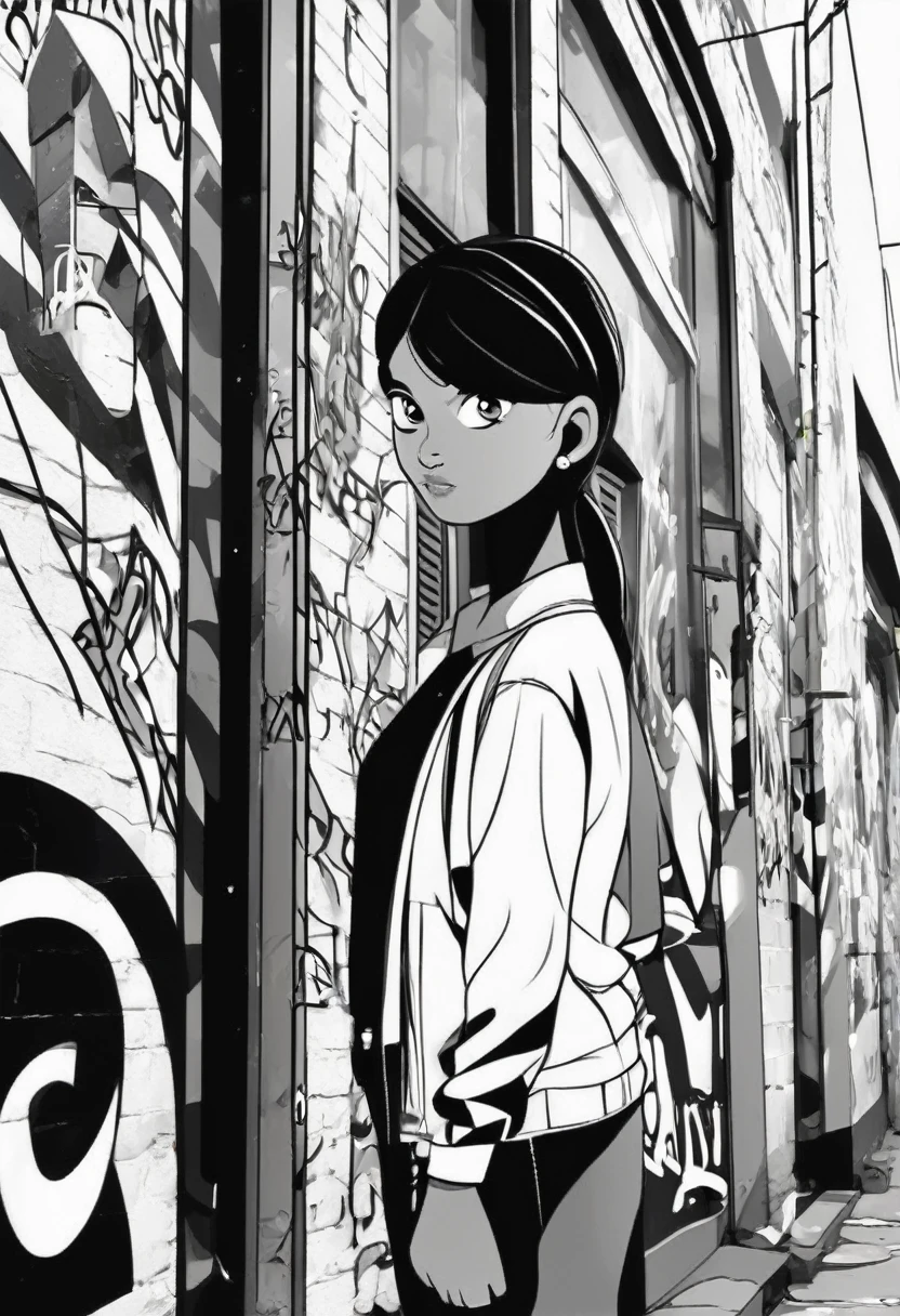 Create a black and white graffiti about the imposition of beauty standards on young people, inspired by Alex Senna's style. Include ethnically and gender diverse youth with expressions of sadness, anxiety and release. Use mirrors to symbolize distorted self-image, chains to represent social pressure, and natural elements such as withered flowers and trapped butterflies. The message should be that beauty standards are emotional imprisonment, including a quote like "True beauty comes from within". Choose a busy urban wall.