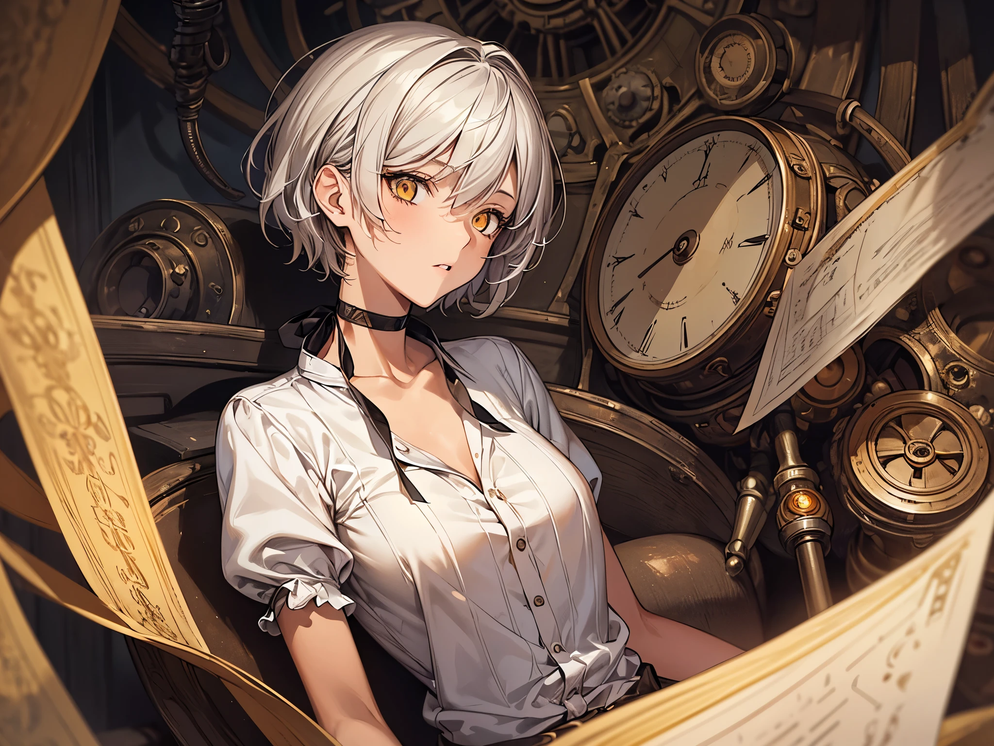 masterpiece, Highest quality, Perfect Face, Highest Resolution, Highest quality,Detailed depiction of the eyes, 1 girl, young, slender body, Short, deep tan skin, slate gray hair, short hair, upturned eyes, Yellow Orange eyes, Perfect Anatomy, steampunk, ribbon choker, Work clothes, Workshop, document, images