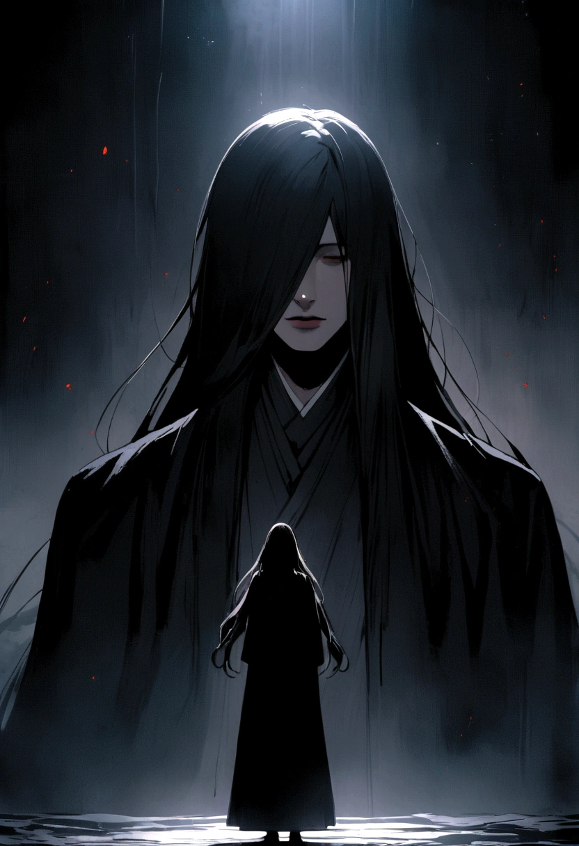 Japanese man with long hair wearing a black robe Half of the face is covered with a black cloth Dark atmosphere