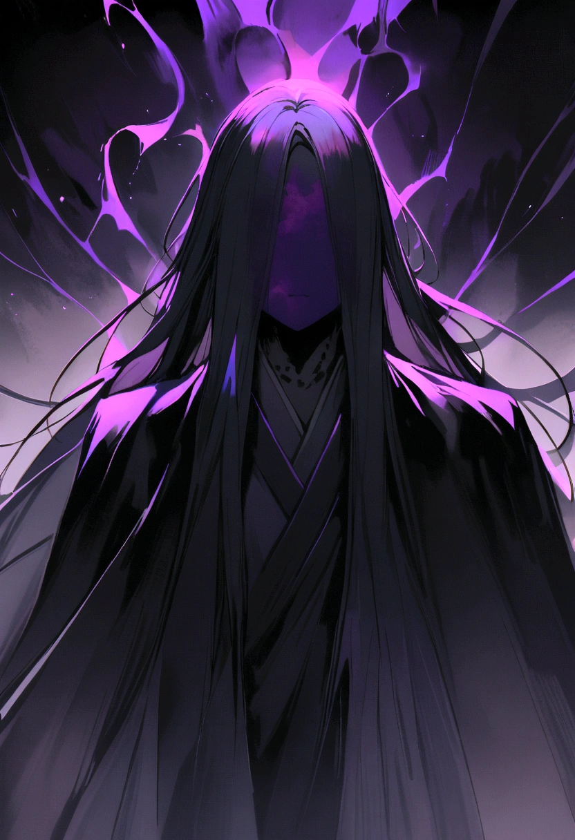 Japanese man with long hair wearing a black robe Half of the face is covered with a black cloth Dark atmosphere