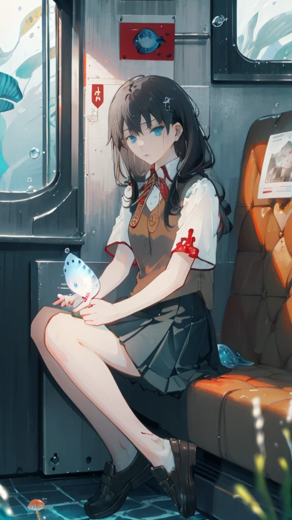 (masterpiece:1.3),(Highest quality:1.2),8K,Confused,ユニティ 8K 壁紙,(Very detailed:1.3),the best,High resolution,wonderful,shape,Beautiful studio soft light,Stunningly beautiful,incredibly Confused,Crisp details,Cinema Lighting,Moody lighting,Pixiv,Award-winning, Professional, Very detailed,Face in perfect detail,18-year-old、 aquarium_Against_window, 1 Girl, alone, Black Hair, skirt, Short sleeve, Sitting, , Black Hair, pleated skirt, shoes, Angel, fish, bubble, White Theme, (Underwater:1.2), (air bubble:1.3), Inside the train, (Surreal:1.2), (jellyfish:1.2), (whale:1.1),(fish:1.2),