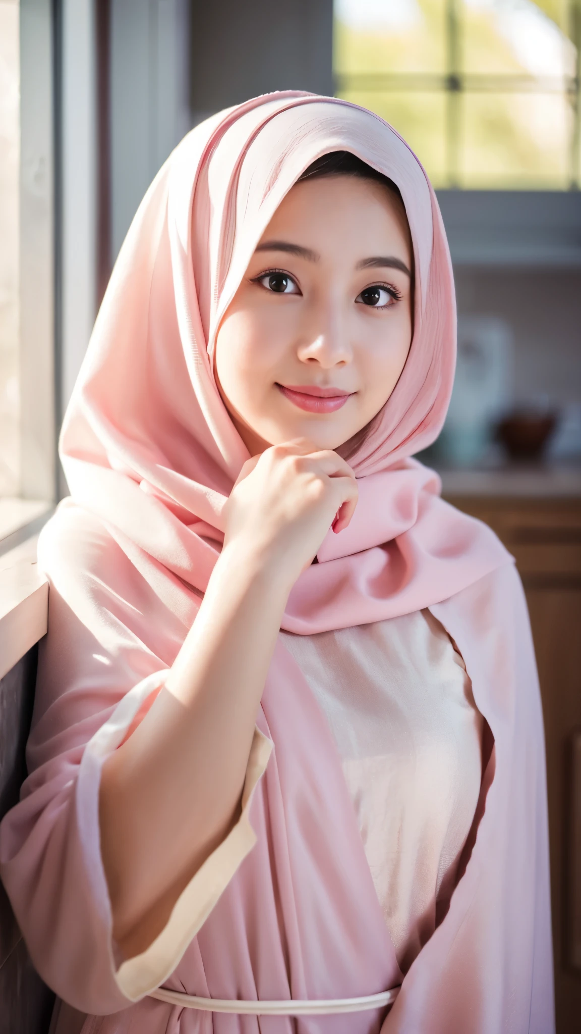 Woman in light pink hijab, white abaya dress, standing in the kitchen, facing to viewer, feminine pose, serene expression, cute face, detailed face, detailed clothes, detailed background, warm ambience, bright lighting, natural lighting, 4k, high quality, high resolution, masterpiece