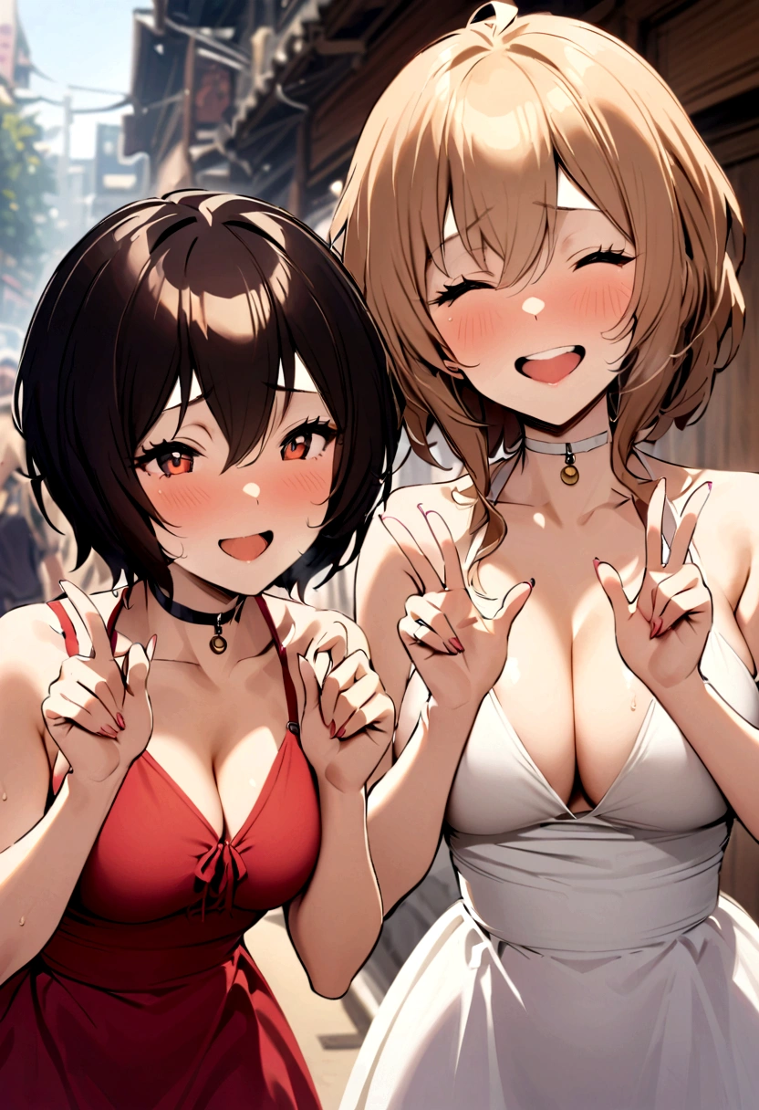 Two women, Shikinami Asuka and Ayanami Rei, have anal sex outdoors, smile, get excited, and urinate in a double peace sign