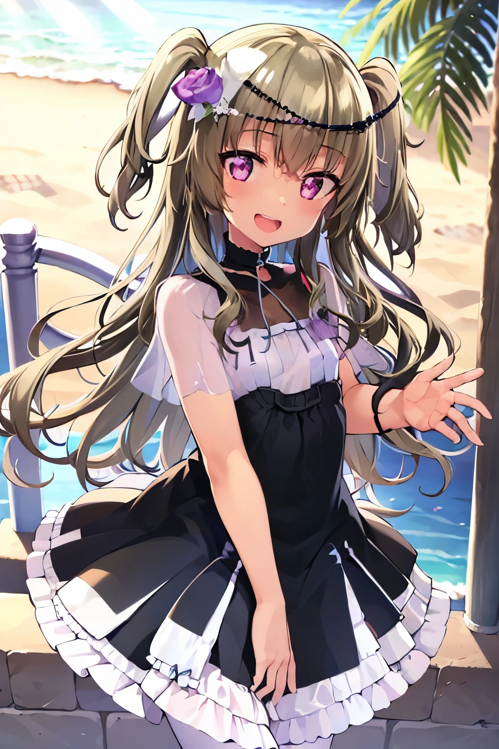 Himari Mei, masterpiece, li, cute, flat chest, cute and shy smile, highly detailed sparkling brilliant purple eyes, open mouth slightly, standing in summer beach, aquamarine sea, sandy beach, outstretched straight arms for viewer, black dress, perfect body, detailed hands