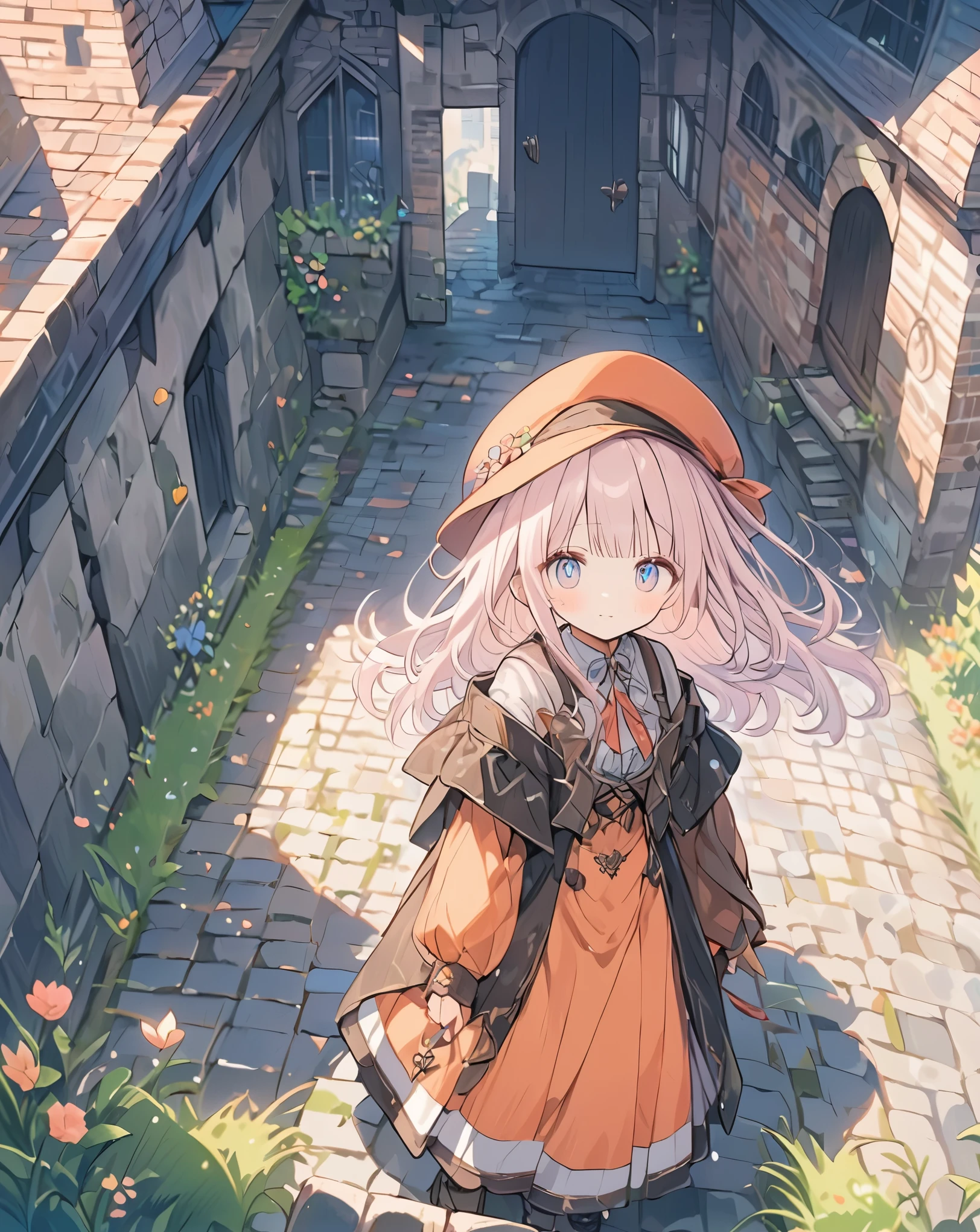 masterpiece, best quality, ultra detailed, very aesthetic, 1girl、Different world、Girl in a hat、cute、Different world outfit、Grass grows on both sides of the cobblestones_There is a brick building in the back１item,アニメ、Pale colors、Colored pencil style