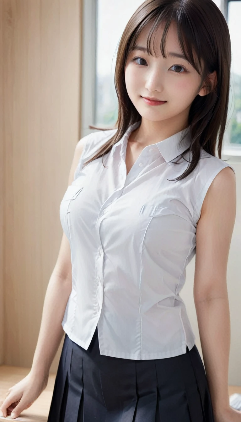 16K,jpn-girl,Japanese women, cute, , (Natural light:2)
(school uniform,white shirt),black hair,black eyes,arms behind back,
( classroom:0.5),((big breast)),((standing,leaning forward,cleavege)),((ass pov,from front,looking view)),light smile,((breast focus)),happy,beautiful eyes,beautiful face,details eyes 