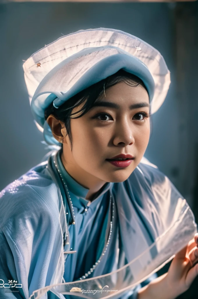 Highly realistic photo, ((masterpiece), (best quality), (raw photo), (photorealistic:1.4), Portrait of a 70 year old Vietnamese woman, wearing a black traditional Vietnamese ao dai and a black scarf on her head, gray hair, ((light blue background:1.4)) , photo taken by Sony A7IV
