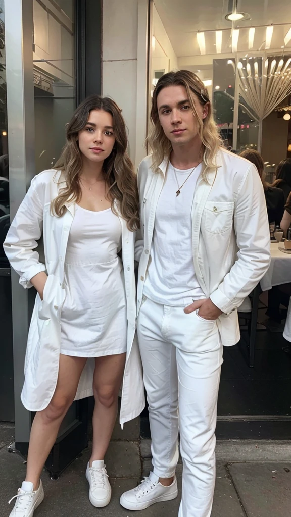 A white woman with wavy blonde hair and green eyes is wearing a long white dress. Next to her is a white man with short black hair, wearing black jeans, a white shirt and a black jacket, and he is wearing white shoes. They are in front of a restaurant with glass decoration.