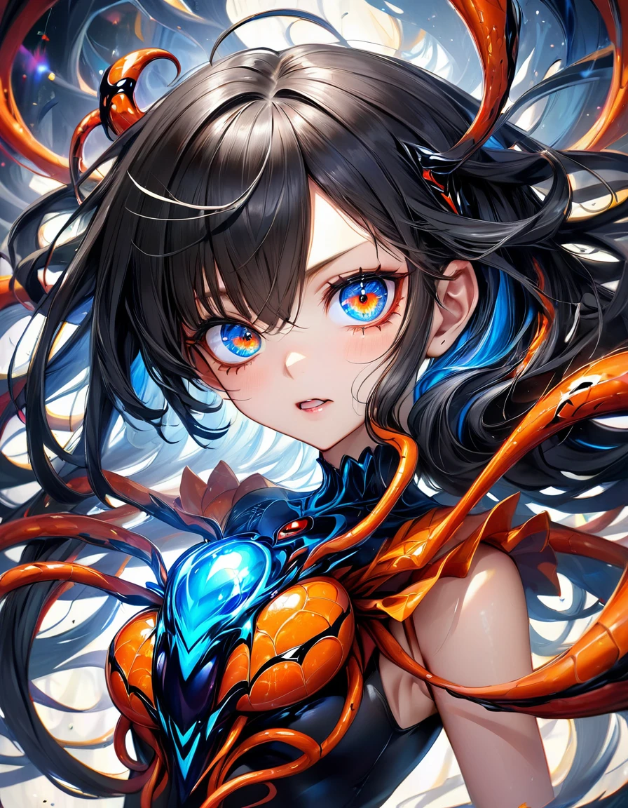 atmosfera orange diamond terror dark furious evil Venom In a mesmerizing cascade of color and light, an enchanting anime Venom spider girl candroites viewers with her ethereal beauty. Her delicate features are framed by cascading locks of shimmering long silver black hair, her wide, expressive eyes big BLUE red radiating with emotion. A digital painting brings this stunning character to life, depicting her in intricate detail with a seamless blend of realism and fantasy. Every brushstroke and pixel showcases the artist's skill and dedication, making this image a