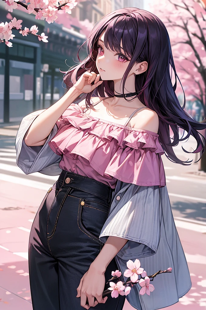 1girl, holding up a sapphire flower over her mouth, black pink hair ombre, park with cherry blossom background, harajuku style fashion, off shoulder, short jeans pants, halfbody, hair flow, bust up