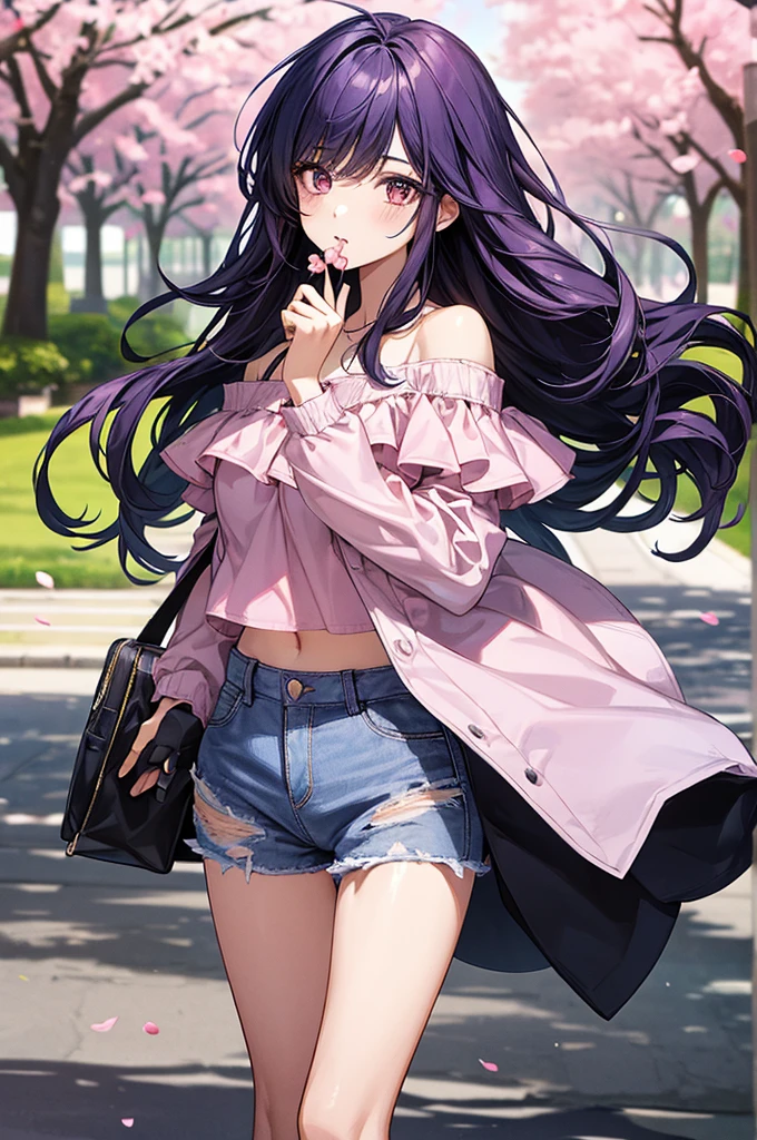 1girl, holding up a sapphire flower over her mouth, black pink hair ombre, park with cherry blossom background, harajuku style fashion,  off shoulder, short jeans pants, halfbody, hair flow, bust up