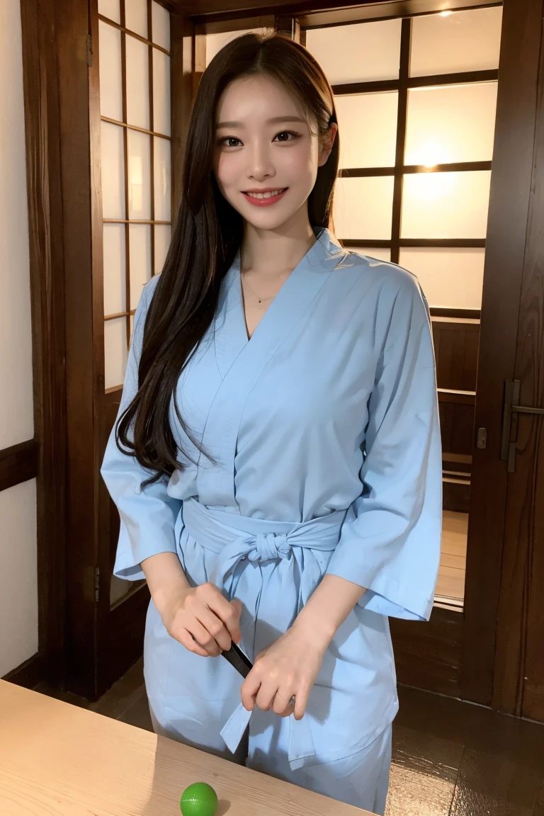 (highest quality, 8k, 32k, masterpiece, Ultra-high resolution: 1.2), 1 girl, Beautiful Japanese Woman, Narrow waist, Beautiful woman with perfect style: 1.4, big: 1.3, Beautiful Face, smile, ryokan, yukata, Table tennis
