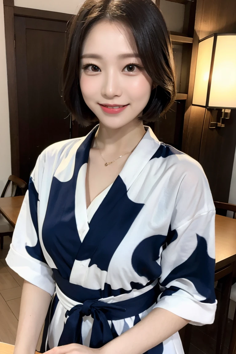 (highest quality, 8k, 32k, masterpiece, Ultra-high resolution: 1.2), 1 girl, Beautiful Japanese Woman, Narrow waist, Beautiful woman with perfect style: 1.4, big: 1.3, Beautiful Face, smile, ryokan, yukata, Table tennis