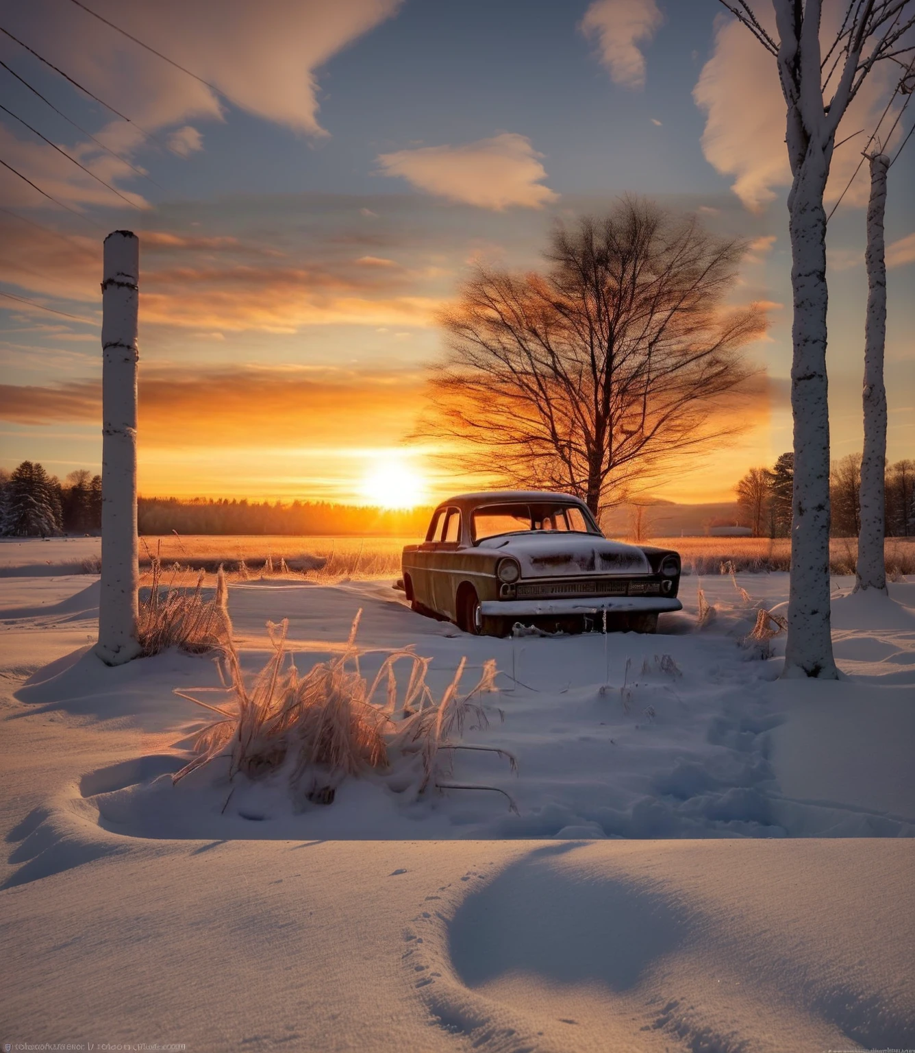 there is a old car parked in the snow near a tree, a picture inspired by Terry Redlin, pexels contest winner, romanticism, cold sunset, winter setting, winter atmosphere, high quality wallpaper, warm beautiful scene, warm sundown, dramatic cold light, sun shines down on the car, golden hour scene, golden hour time, at golden hour