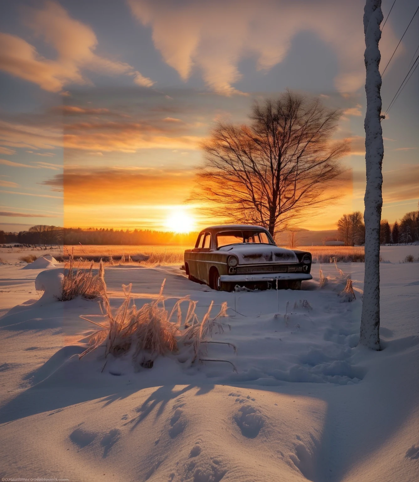 there is a old car parked in the snow near a tree, a picture inspired by Terry Redlin, pexels contest winner, romanticism, cold sunset, winter setting, winter atmosphere, high quality wallpaper, warm beautiful scene, warm sundown, dramatic cold light, sun shines down on the car, golden hour scene, golden hour time, at golden hour