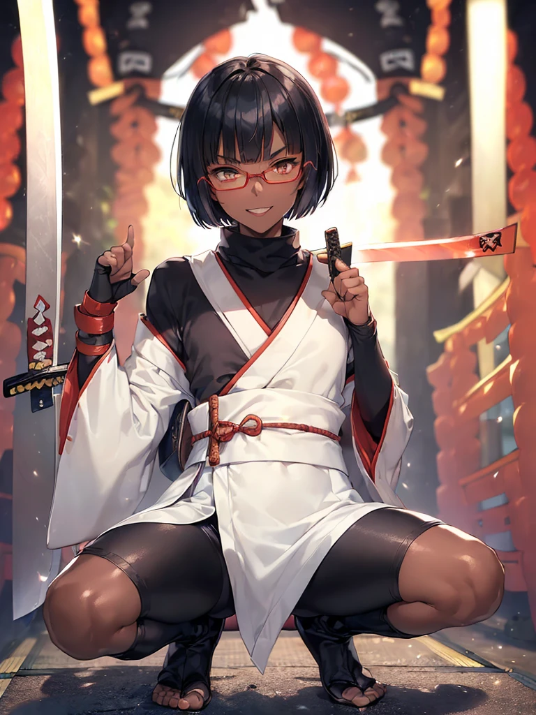 (flat chest), (masterpiece:1.2), highest quality, High resolution, unity 8k wallpaper, (fine and beautiful eyes:1.6), highly detailed face, perfect lighting, Detailed CG, (perfect hands, perfect anatomy), (1 boy solo:1.4), 20 years old, (black hair:1.3), extremely beautiful detailfeminine face and eyes, (evil smile:1.4), detailed eyes, best quality,(very dark skin:1.8), (turtleneck shirt under yukata:1.2), (bike shorts:1.2), extremely detailed, very precise detailed, (glasses:1.3), blunt bangs, open mouth, (very short pixie cut:1.2), boots,(fingerless gloves:1.2), smile, half closed eyes,long sidelocks,(long red Scarf),(yukata),(squatting),(acrobat pose:1.3),(squat:1.3),(one knee dwon:1.5),(put one foot in front:1.3) ,(index fingers up:1.7),(own hands clasped:1.7), spread legs,(arms up),(Japanese sword on the back:1.8),