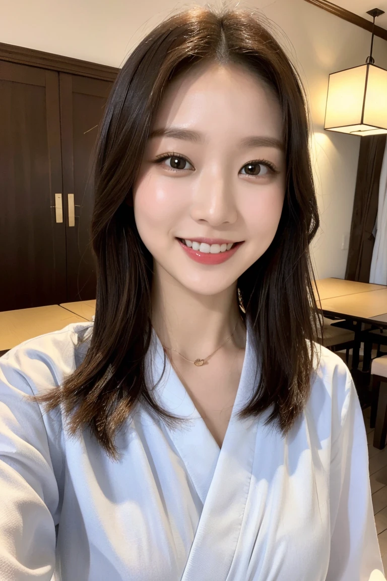 (highest quality, 8k, 32k, masterpiece, Ultra-high resolution: 1.2), 1 girl, Beautiful Japanese Woman, Narrow waist, Beautiful woman with perfect style: 1.4, big: 1.3, Beautiful Face, smile, ryokan, yukata, Table tennis