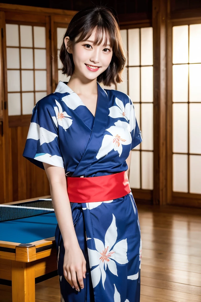 (highest quality, 8k, 32k, masterpiece, Ultra-high resolution: 1.2), 1 girl, Beautiful Japanese Woman, Narrow waist, Beautiful woman with perfect style: 1.4, big: 1.3, Beautiful Face, smile, ryokan, yukata, Table tennis