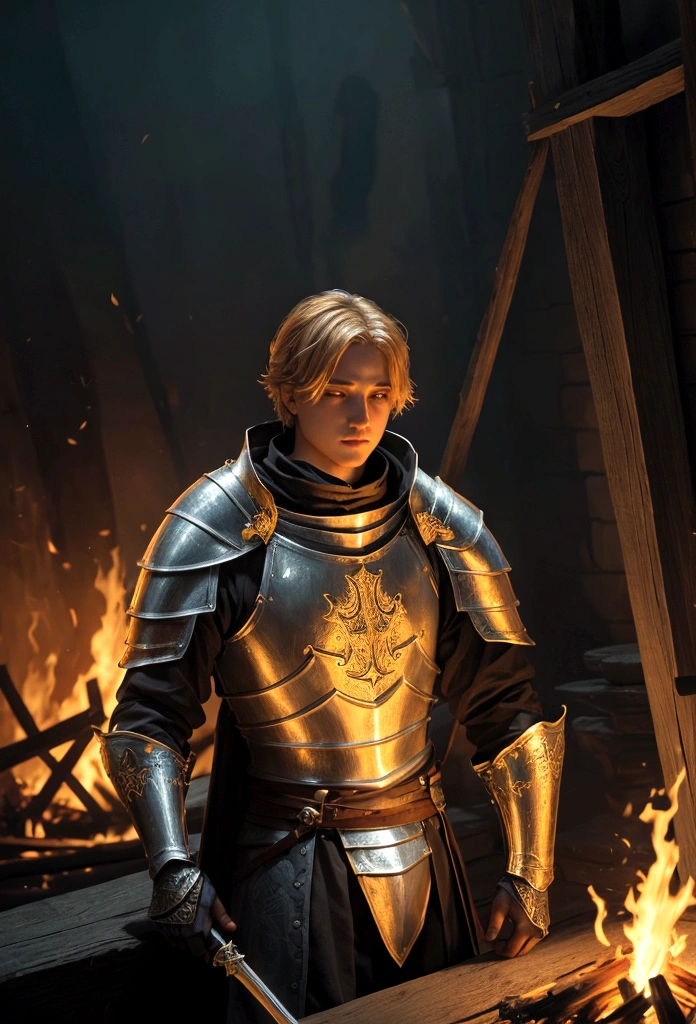 a knight resting in bonfire, high quality, masterpiece,, amazing lighting, illustration, cinematic light:1.1, perfect shading