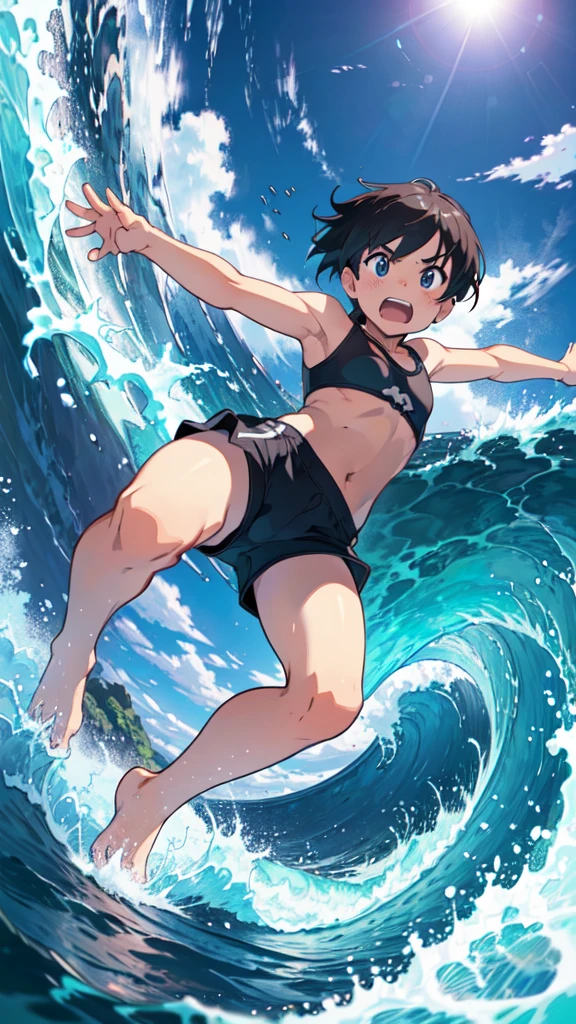 ??? in shorts riding huge wave, defiant expression, dynamic pose, mysterious, summer sky, small breasts