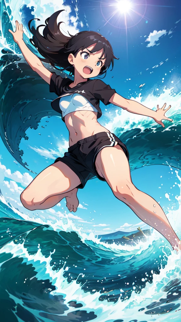 Kid in shorts riding huge wave, defiant expression, dynamic pose, mysterious, summer sky, small breasts