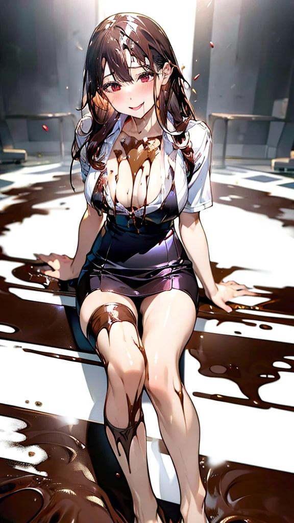 Mouth open、Sticking out tongue、Vero,syrup on chest, chocolate syrup on hair,whole body,pants,Leg spread:0.8,Public Image Group Photo:1.5, shiny limbs,Very attractive arms and thighs,Elegant,Very y body, No sleeve,office lady,Wearing a tight skirt,Ahegao:1.5,org5