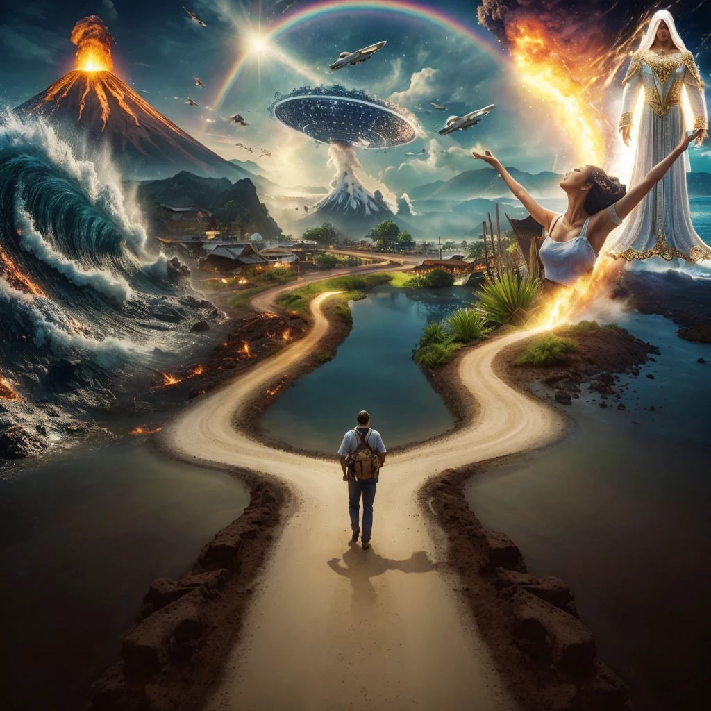 Very real image. There are two paths, one that leads you to destruction where there are volcanoes erupting, earthquakes, tsunamis, poor people. Another path that takes you to spirituality, to happiness, to goodness, to the connection with nature, there is an angel, both paths lead to paradise. Photorealism, full view, highly detailed image, very realistic, hyperrealism, Ultra HD, 8k, 5, sharp focus, intricate and mysterious masterpiece. (Long exposure photography Highly detailed close-up portrait art illustration: final quality, medium shot, backlit, rich and striking. Enigmatic and mysterious manipulations (rule of thirds composition), ((detailed environment with strong lines) The best quality, in camera, white light, warm and clean aesthetics, dazzling screen composed of millions of bright ultraviolet rays, HDR.