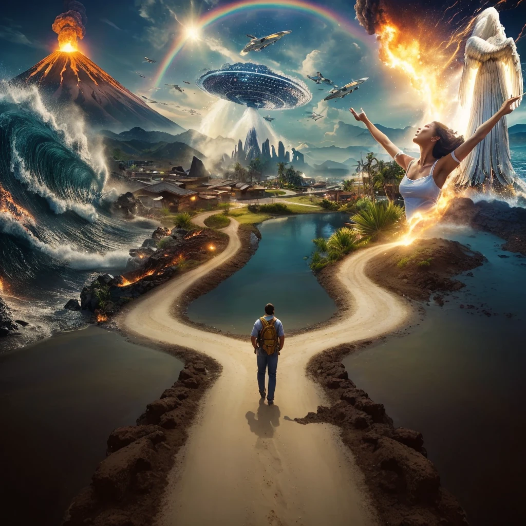 Very real image. There are two paths, one that leads you to destruction where there are volcanoes erupting, earthquakes, tsunamis, poor people. Another path that takes you to spirituality, to happiness, to goodness, to the connection with nature, there is an angel, both paths lead to paradise. Photorealism, full view, highly detailed image, very realistic, hyperrealism, Ultra HD, 8k, 5, sharp focus, intricate and mysterious masterpiece. (Long exposure photography Highly detailed close-up portrait art illustration: final quality, medium shot, backlit, rich and striking. Enigmatic and mysterious manipulations (rule of thirds composition), ((detailed environment with strong lines) The best quality, in camera, white light, warm and clean aesthetics, dazzling screen composed of millions of bright ultraviolet rays, HDR.