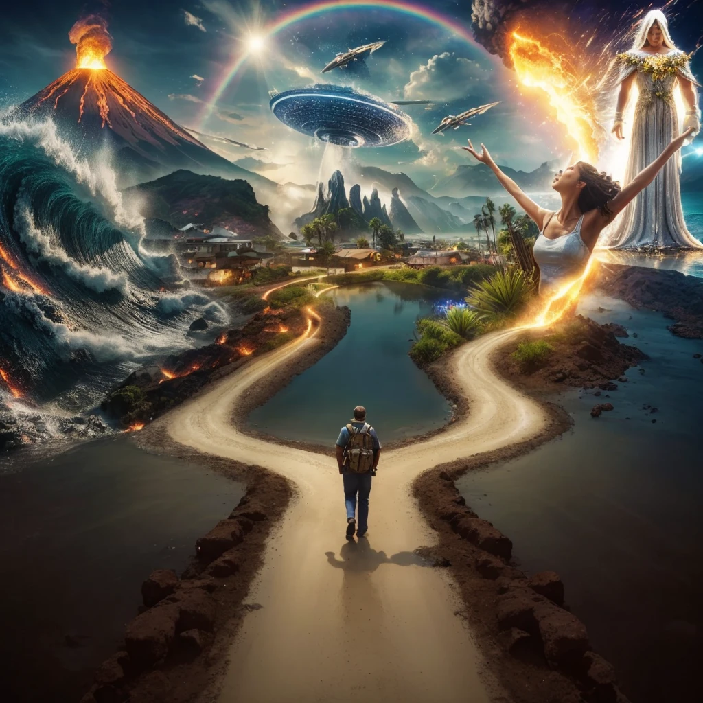 Very real image. There are two paths, one that leads you to destruction where there are volcanoes erupting, earthquakes, tsunamis, poor people. Another path that takes you to spirituality, to happiness, to goodness, to the connection with nature, there is an angel, both paths lead to paradise. Photorealism, full view, highly detailed image, very realistic, hyperrealism, Ultra HD, 8k, 5, sharp focus, intricate and mysterious masterpiece. (Long exposure photography Highly detailed close-up portrait art illustration: final quality, medium shot, backlit, rich and striking. Enigmatic and mysterious manipulations (rule of thirds composition), ((detailed environment with strong lines) The best quality, in camera, white light, warm and clean aesthetics, dazzling screen composed of millions of bright ultraviolet rays, HDR.