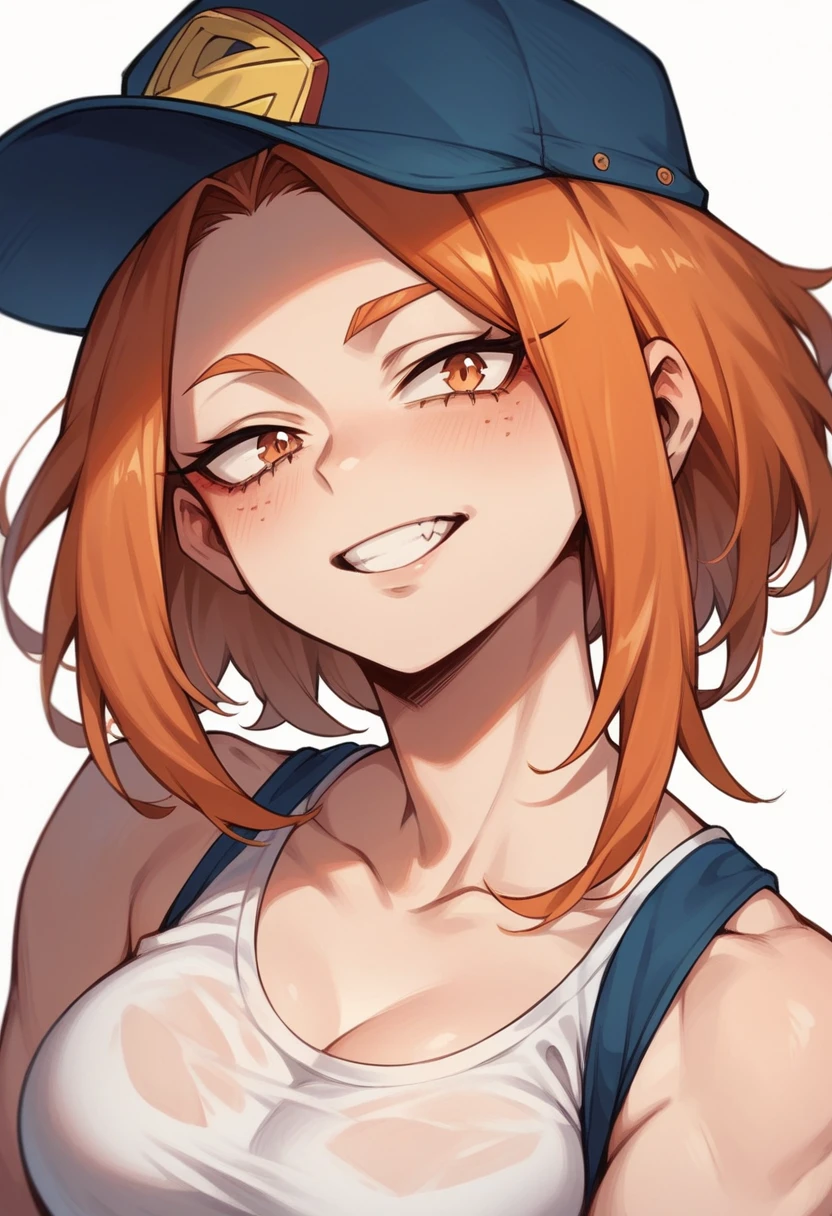 a girl with long orange hair, that her left eye is green and the right one is blue and that she has freckles all over her body and that this girl is created with the drawing style of the anime My Hero Academia