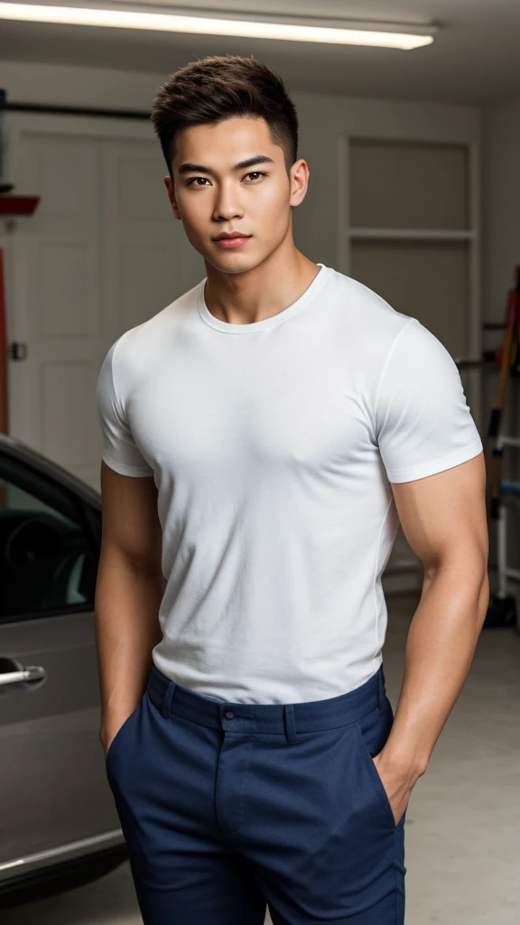RAW, Best quality, high resolution, (masterpiece: 1.3), half body image, muscular asian young man in shirt, pants, Masterpiece, young man face, cute man face, cleanshaven, bright skin, rough skin, fierce eyes, soft smile, standing in a garage, masculine gesture, strong expression, body facing viewer, looking to viewer, at noon, Great lighting, great sunlight, Bright colors, Ultra realistic clean lines, very realistic