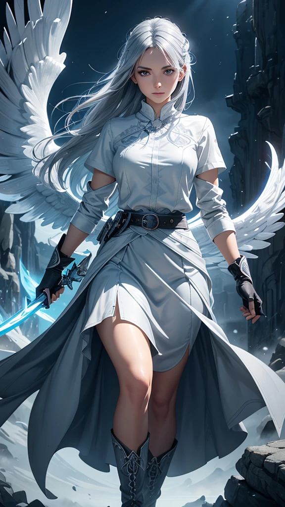 a young woman with gray hair and gray eyes, wearing a white shirt, long blue skirt, gloves, belt, and boots, holding two swords, angel wing on her back, detailed face, beautiful eyes, high quality, detailed illustration, elegant, fantasy, realistic, dramatic lighting, cinematic, digital art, concept art, vibrant colors, masterpiece