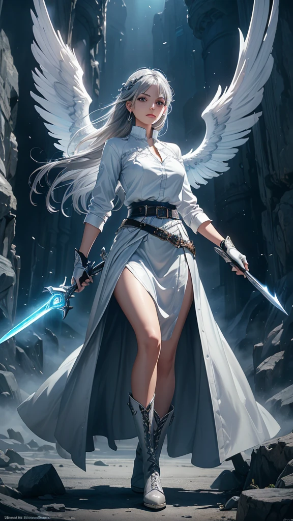 a young woman with gray hair and gray eyes, wearing a white shirt, long blue skirt, gloves, belt, and boots, holding two swords, angel wing on her back, detailed face, beautiful eyes, high quality, detailed illustration, elegant, fantasy, realistic, dramatic lighting, cinematic, digital art, concept art, vibrant colors, masterpiece