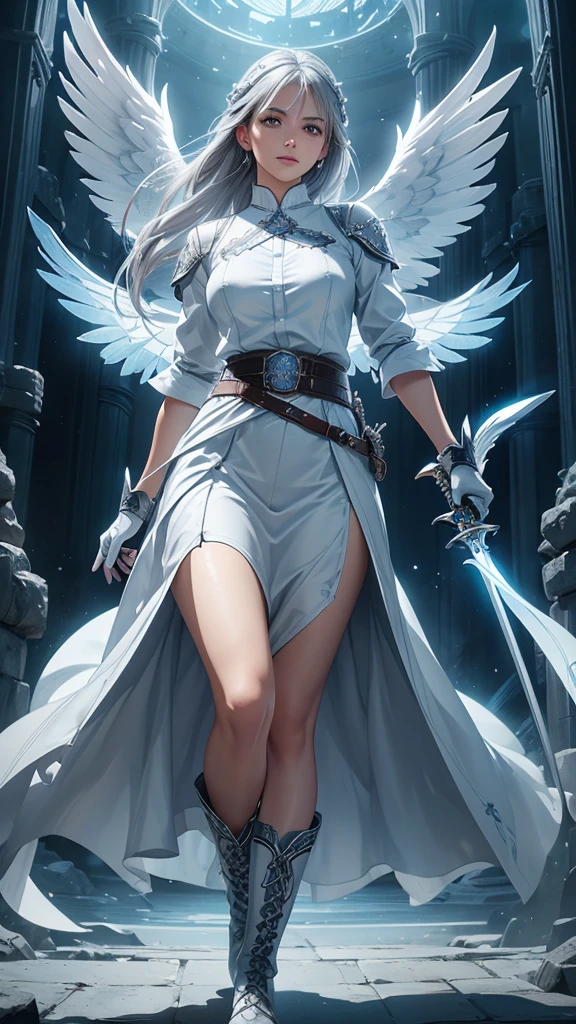 a young woman with gray hair and gray eyes, wearing a white shirt, long blue skirt, gloves, belt, and boots, holding two swords, angel wing on her back, detailed face, beautiful eyes, high quality, detailed illustration, elegant, fantasy, realistic, dramatic lighting, cinematic, digital art, concept art, vibrant colors, masterpiece