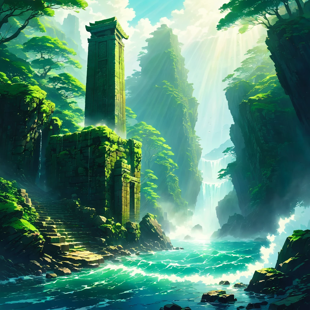 Open sea, Thick Fog, Wave, Silence, mysterious, A gap in the fog, Light, hope, Legendary Island, green, ancient ruins, temple, Stone Pillar, waterfall, unmanned, secret, history, Romance, expedition, adventure ,beautiful Anime Scenery, Landscape painting, Beautiful digital painting, Andreas Rocha, Beautiful artwork illustration, Awesome Wallpapers, Raymond Han, Tall beautiful paintings, Studio Greeble Makoto Shinkai, Beautiful Wallpapers, Anime Scenery
