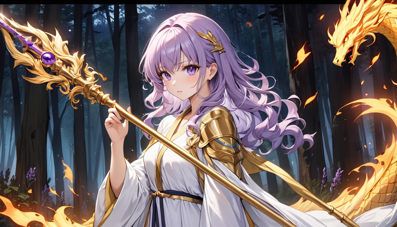 (8k, best quality, masterpiece:1.2), fire emblem genealogy of the holy war, diadora, lavender hair, wavy hair, delicate, long staff, white-based robe, beautiful girl, in the forest, glamorous, purple eyes, mystical, golden dragon, beautiful eyes