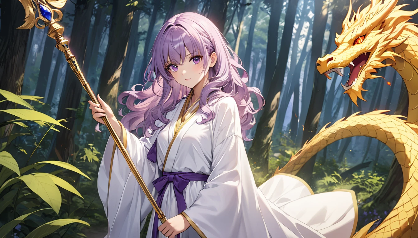 (8k, best quality, masterpiece:1.2), fire emblem genealogy of the holy war, diadora, lavender hair, wavy hair, delicate, long staff, white-based robe, beautiful girl, in the forest, glamorous, purple eyes, mystical, golden dragon, beautiful eyes