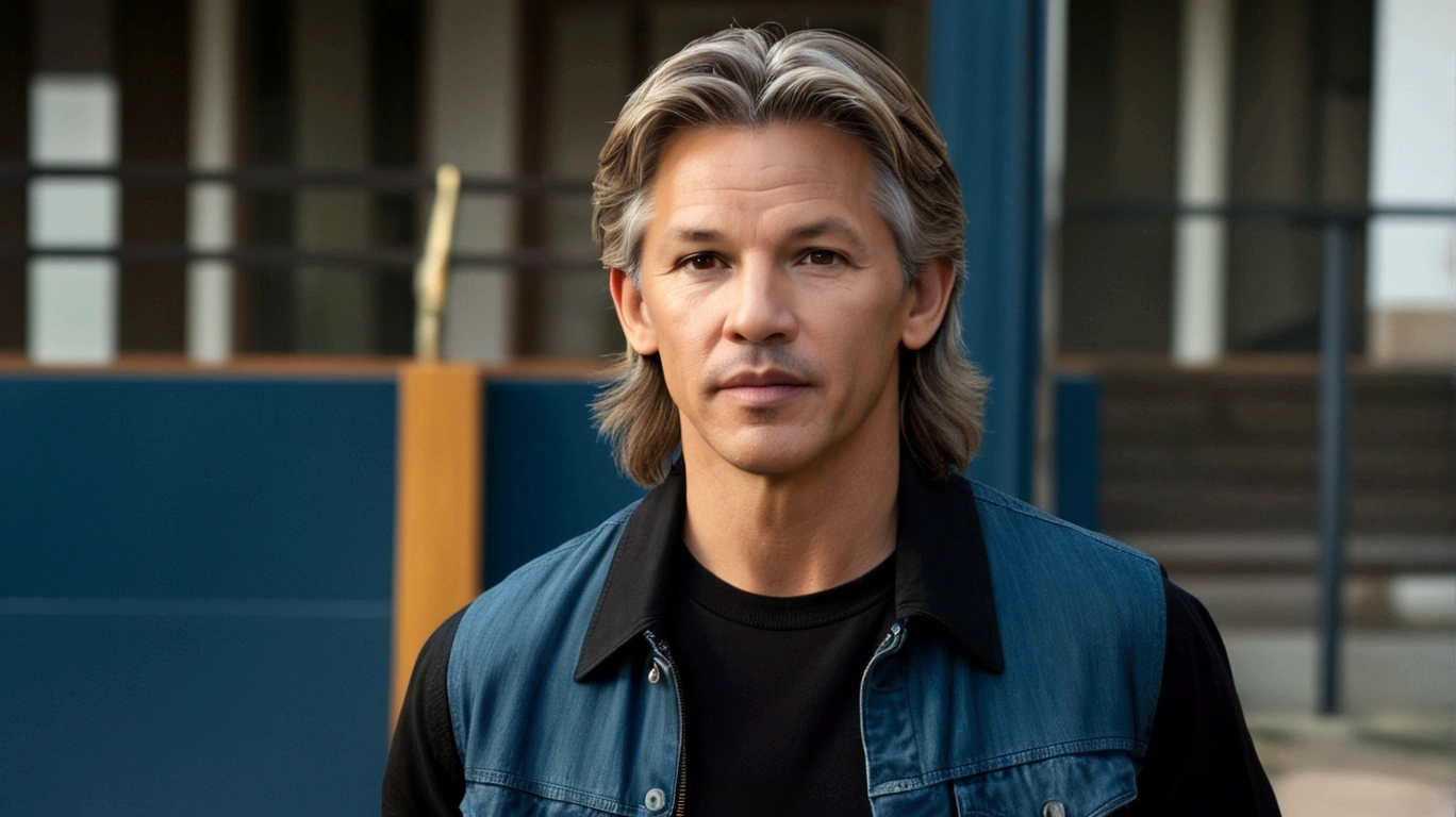 a young man called lineker, 50 years old, he has a face similar to Jon Bom Jovi, he has light hair, brown eyes, black blouse, black pants, black sneakers, he is at the door of his house on the coast