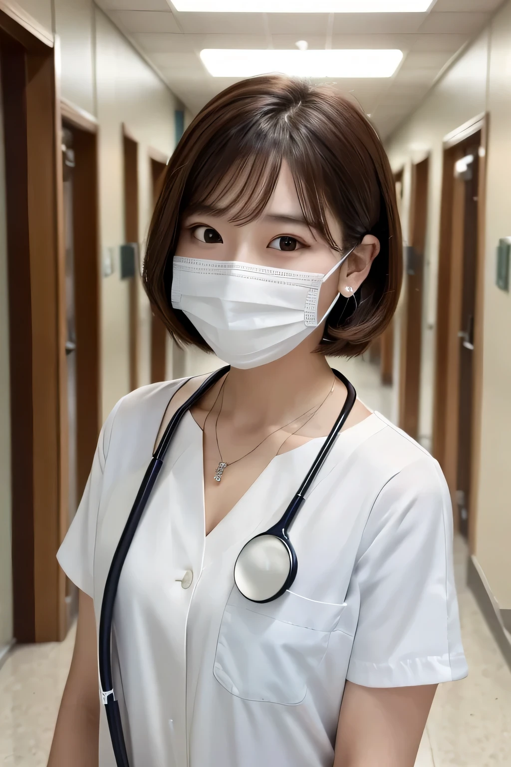 Beautiful young woman、 Korean women、Brown Hair、Necklace around the neck、White、Stethoscope、Mask on mouth、Short Haircut、Wavy Hair、Intricate details, Very detailed:1.2), 、 Looking into the camera,The background is the corridor of the hospital.、ear piercing