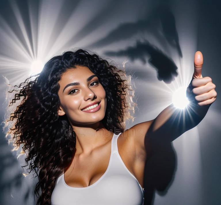 A beautiful sexy Turkish girl 25 years old looks at the camera with a large bust in full growth, (((full length))) smiling happily, with hair in full length in sexy minimalist (((sports clothes))), posing for the camera, looks at the camera, one hand raised and ((((pointing upward with the index finger)))), in stock photography style, studio light, on a black background, (((((backlight))))), contrast light, mystical lighting, (((shadow areas))) ((((( full length)))))