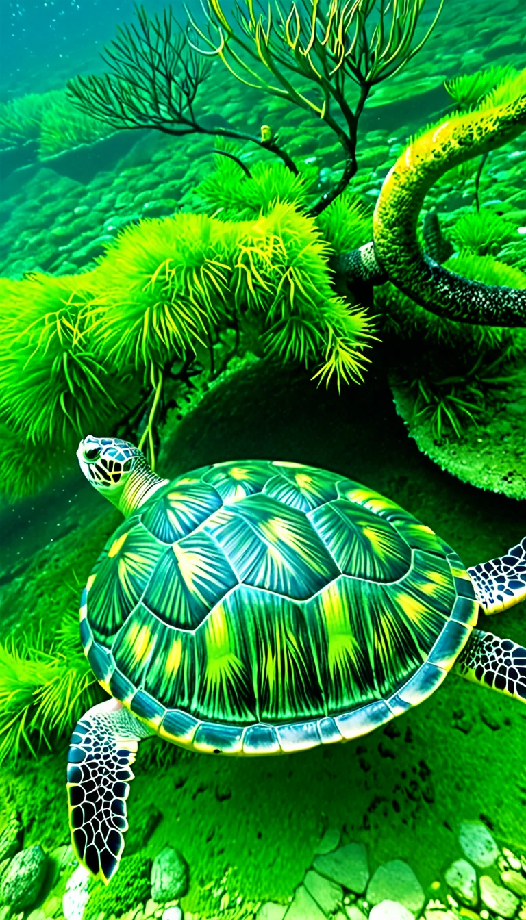 Amazing creatures at the bottom of the river，The body of a turtle，Bird&#39;s head and snake&#39;s tail，Mysterious Creatures, shrike, (best quality，4K，8K，High level，masterpiece：1.2），Ultra Detailed，（lifelike，Photo real，Photo real：1.37），Highly detailed animals，Complex patterns，Dramatic lighting，Fantasy Creatures