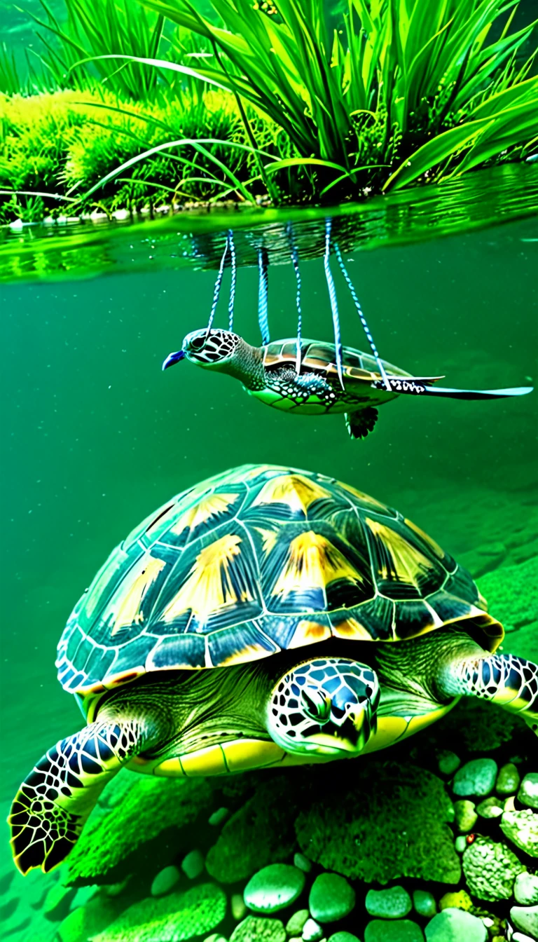 Amazing creatures at the bottom of the river，The body of a turtle，Bird&#39;s head and snake&#39;s tail，Mysterious Creatures, shrike, (best quality，4K，8K，High level，masterpiece：1.2），Ultra Detailed，（lifelike，Photo real，Photo real：1.37），Highly detailed animals，Complex patterns，Dramatic lighting，Fantasy Creatures