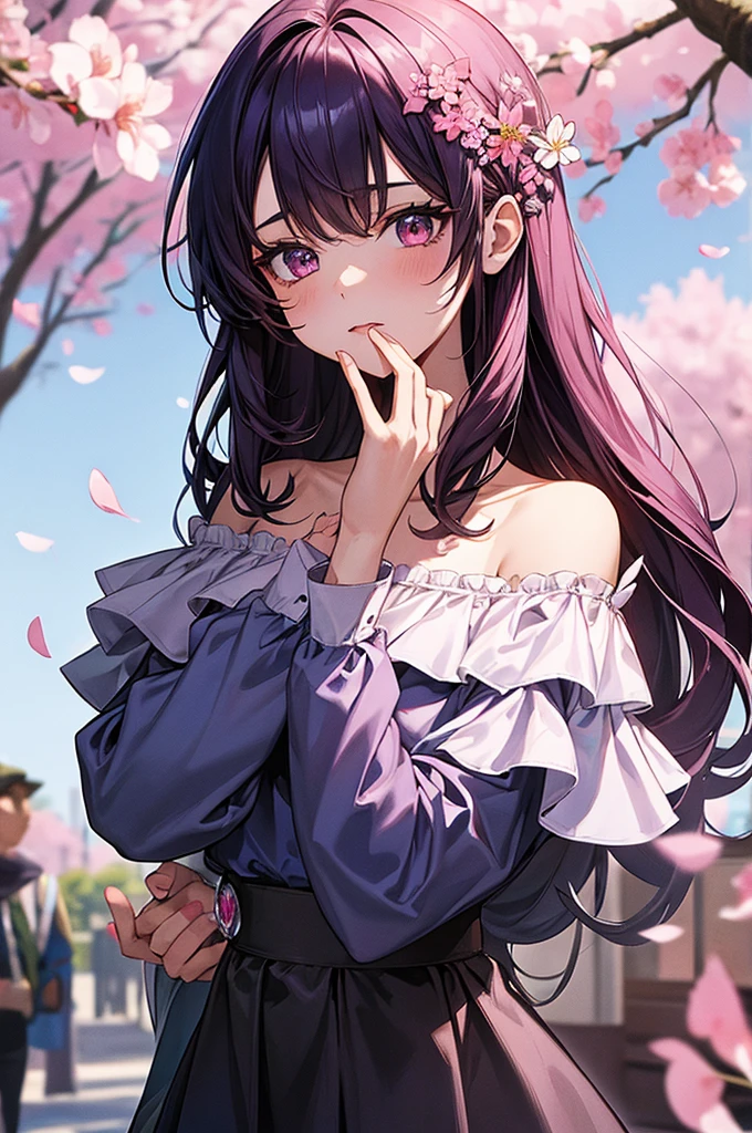 1girl, holding up a sapphire flower over her mouth, black pink hair ombre, park with cherry blossom background, harajuku style fashion,  off shoulder, hair flow, bust up