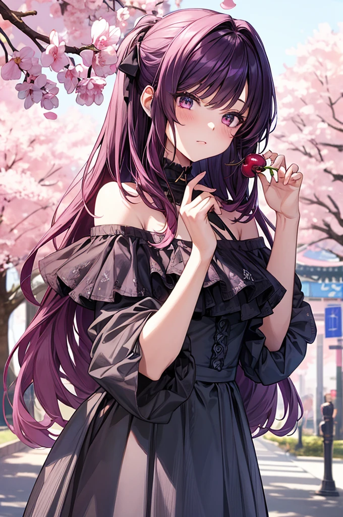 1girl, holding up a sapphire flower over her mouth, black pink hair ombre, park with cherry blossom background, harajuku style fashion, off shoulder, hair flow, bust up