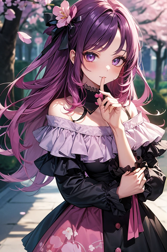 1girl, holding up a sapphire flower over her mouth, black pink hair ombre, park with cherry blossom background, harajuku style fashion, off shoulder, hair flow, bust up