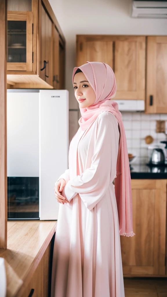 A Woman in light pink hijab and white abaya dress standing in the kitchen, facing to viewer, feminine pose, serene expression, detailed face, detailed clothes, detailed background, warm ambience, bright lighting, natural lighting, 4k, high quality, high resolution, masterpiece