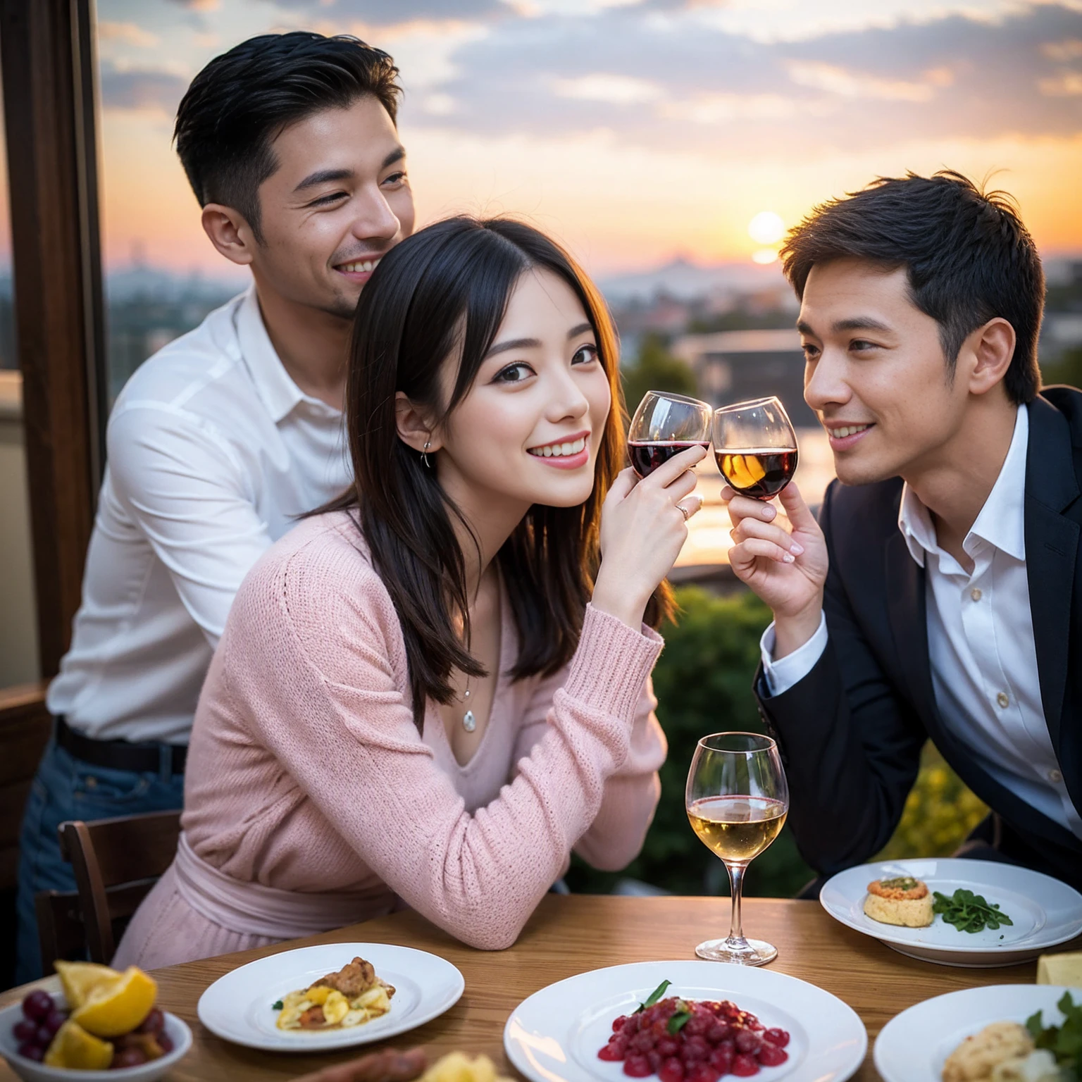 ((Highest quality、8K、masterpiece:1.3))、 (Genuineistic, Genuine、Bright image、Intricate details:1.2), 最高のsmile、1 male 1 female、party、Beautiful couple、Satomi Ishihara-like lover、Good friends、actress couple、smile、A full-course dinner with a full table、 (Slim face), (the body is slim), (Brown Hair), (short hair), テーブルのwine glass、Please shine a light on my face、 Amazing view of the sunset sky and clouds、 (36 years old)38 years old, red wine 、Wine bottle、sparkling wine、Long sleeve shirt、Pink Dress、White wine, red wine, wine glass,