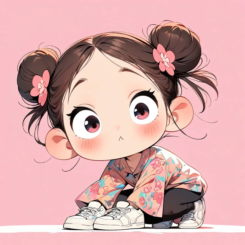 (masterpiece, highest quality:1.2), Cartoon style character design。Pure white background，1 girl wearing pink sunglasses, alone，Big eyes，Cute expression，Two buns hair，Floral Shirt，Work clothes，White sneakers，stand，interesting，interesting，Clean Lines，Solid color background，Vibrant colors ，exceptionally high detail