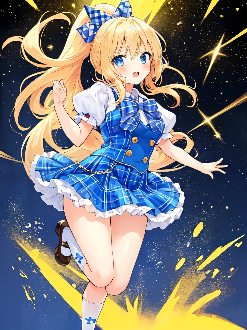 ((masterpiece)), ((best quality)), (ultra-detailed), ((kawaii)), cute, (lovely), illustration, anime style, full body, full body focus, a cute girl, solo, 1girl, Live performance venue, idol outfit, blond ponytail, big blue ribbon, tsundere, tight eyes, confident expression, a little bit gal, American girl, blue eyes, age15, Blonde hair, tied on one side of the head, hanging down loosely with a large blue ribbon at the knot. A faint stardust effect emanating from the hair. A tsundere personality with a confident and bold expression. Eyes like shining jewels, blue in color. Slightly gal-style, an American girl. (Tartan plaid ribbon:1.3), short sleeves, Pop art-like background, dynamic pose.