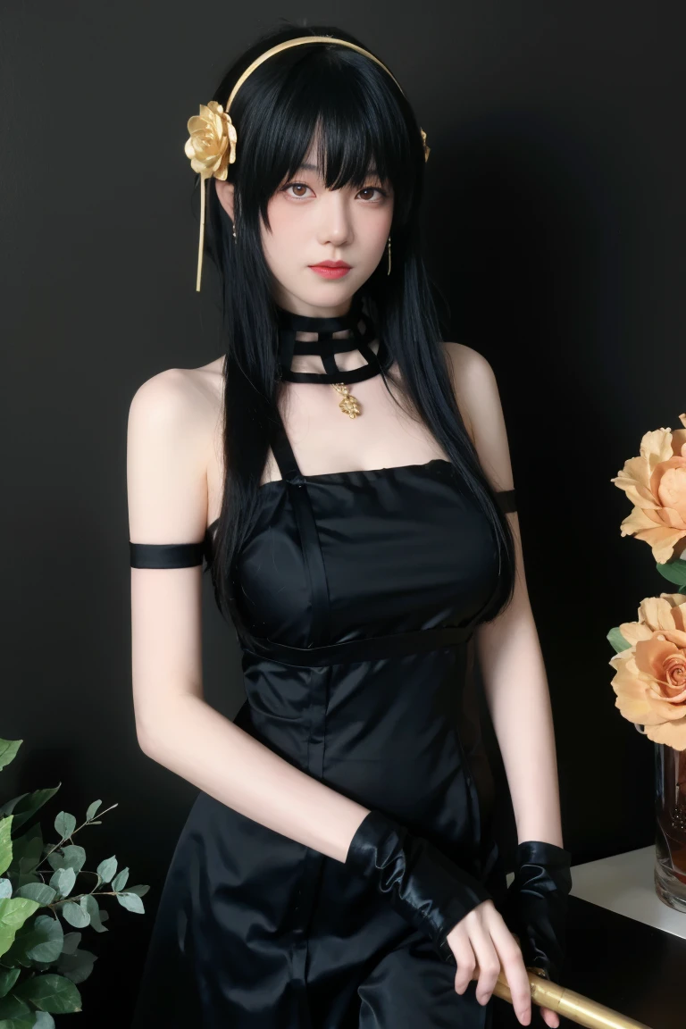 best quality, tmasterpiece,Ultra-high resolution,Clear face,(Reality:1.4),ferpect lighting,(full body shot), (photorealistic:1.50), anime wallpaper, Guviz style artwork, cover-up fantasy up to magic , by Yang J, Guviz, beautiful artwork illustration, beautiful digital artwork, beautiful digital illustration, Li Song, beautiful anime portrait, art style in Beauvot, Yor briar,
1girl, backlighting, bare shoulders, black background, black dress, black gloves, black hair, blood, blood on face, blood on weapon, breasts, closed mouth, cowboy shot, dress, earrings, expressionless, fingerless gloves, floating hair, floral print, flower, gloves, gold earrings, gold hairband, hair flower, hair ornament, hairband, holding, holding weapon, jewelry, large breasts, light particles, long hair, looking at viewer, off-shoulder dress, off shoulder, petals, red eyes, rose, rose petals, rose print, short hair with long locks, sidelocks, 独奏, spikes, thighs, two-sided dress, two-sided fabric, weapon, (garden background),(computers), indoor,